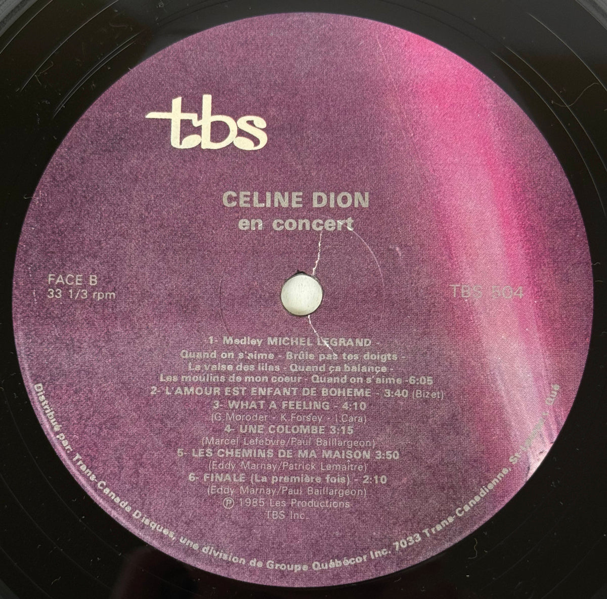 Céline Dion En Concert vinyl Side B label