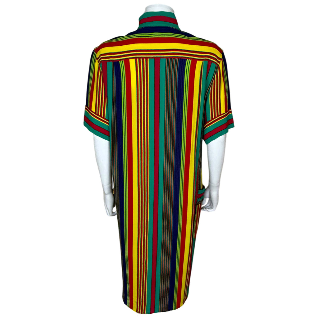 Back view of 1980s Céline Paris rayon dress showing horizontal shoulder stripes and vertical multicolour pattern