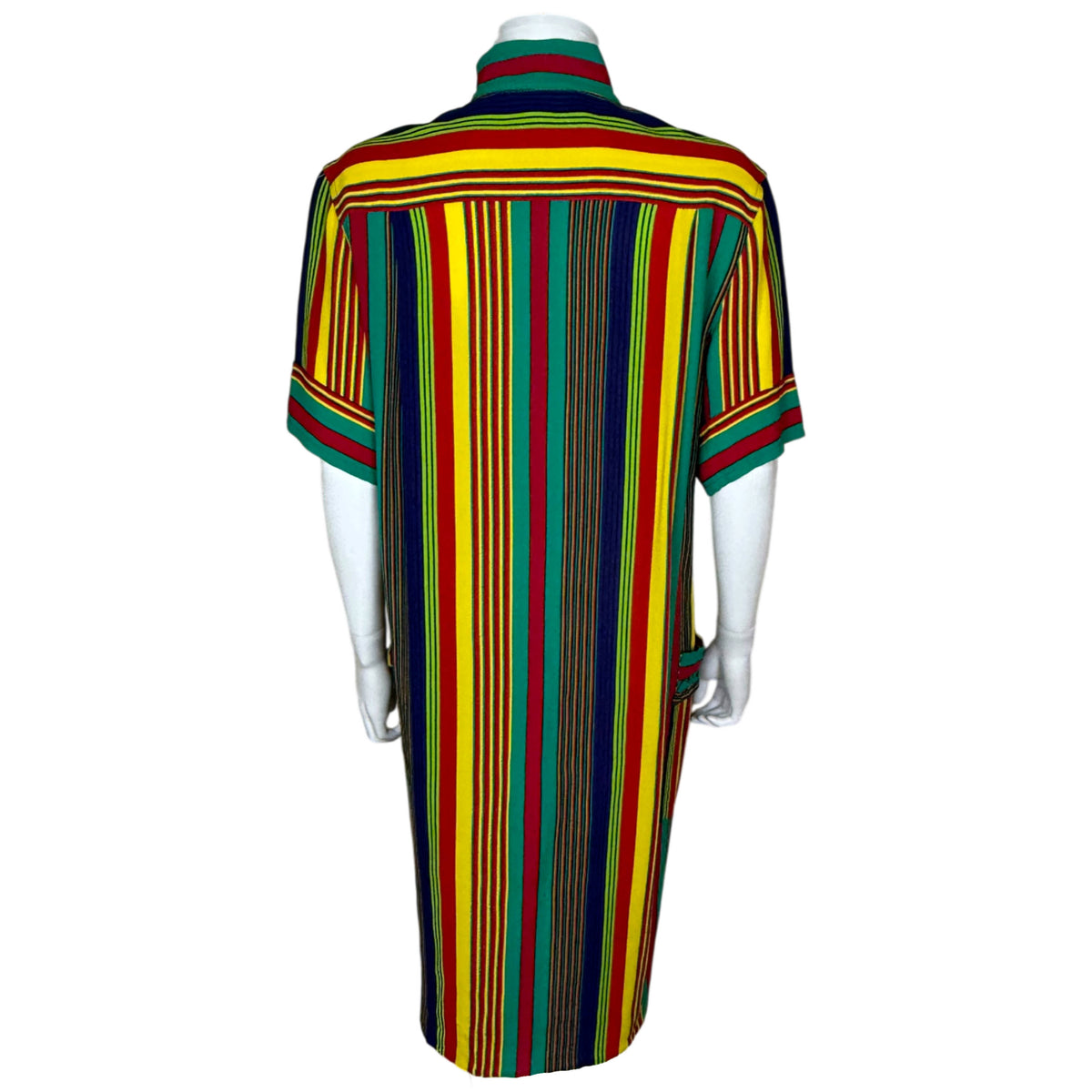 Back view of 1980s Céline Paris rayon dress showing horizontal shoulder stripes and vertical multicolour pattern