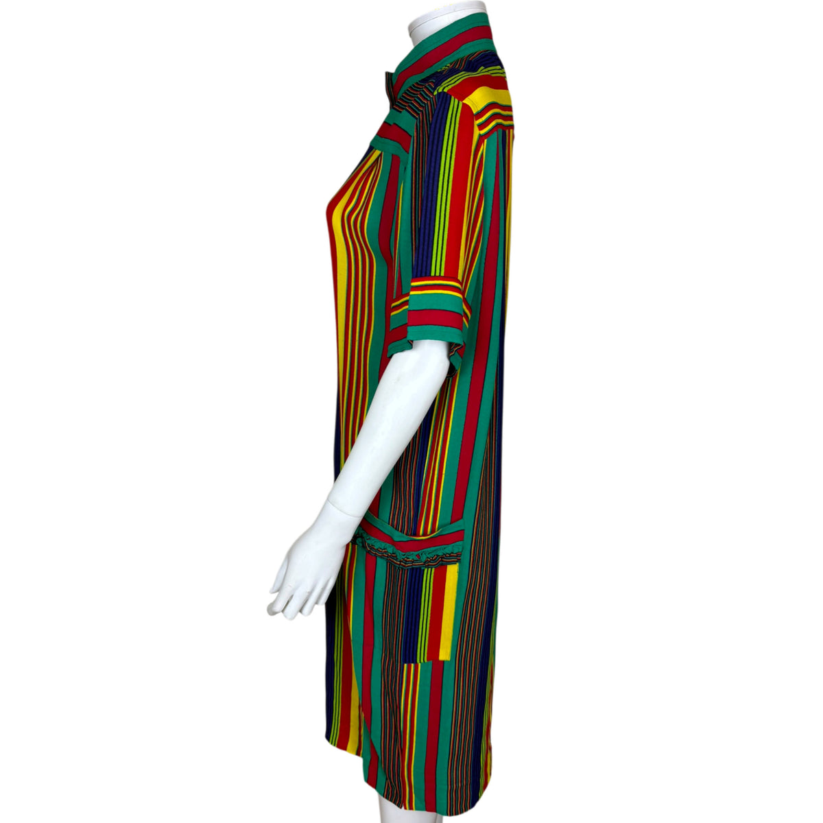 Side view of vintage Céline Paris striped rayon shirt dress showing straight silhouette and short sleeves