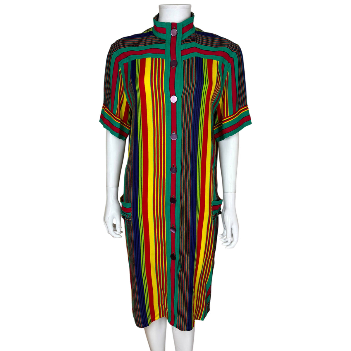 Vintage 1980s Céline Paris multicolour striped rayon shirt dress made in France, full front view