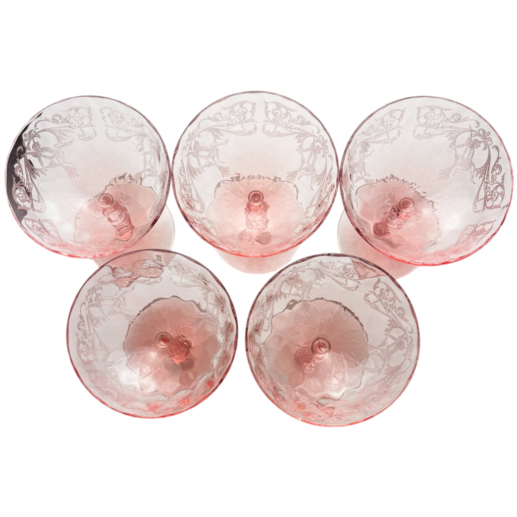 top view of five morgan etch sherbet stem glasses