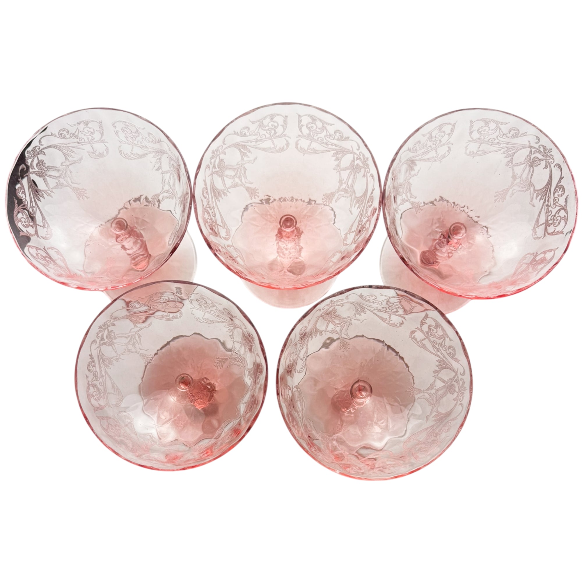 top view of five morgan etch sherbet stem glasses