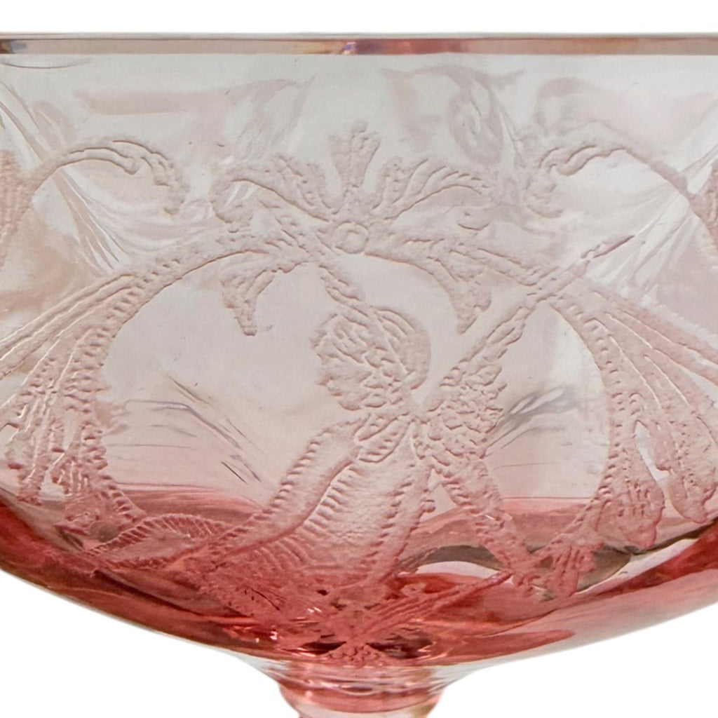 close up of fairy on morgan etch pattern glass