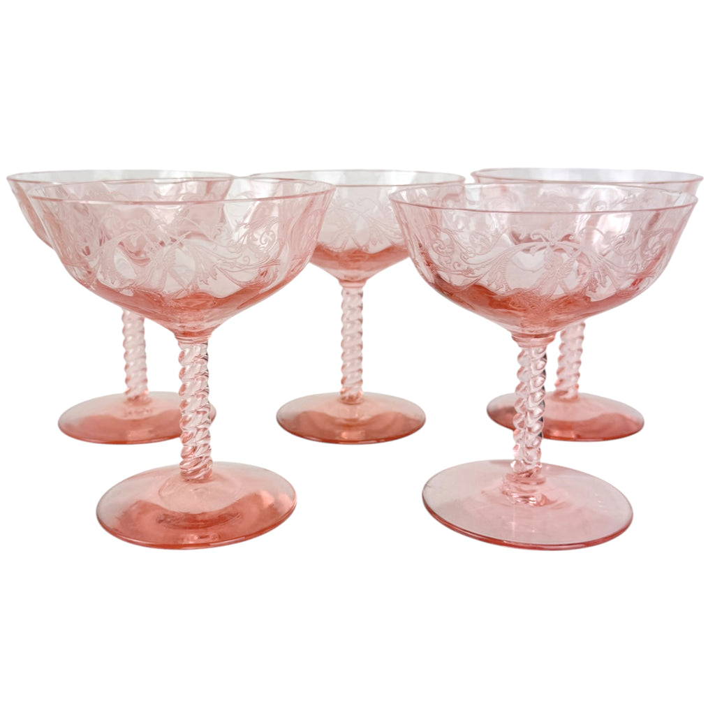 Vintage 1920s Fairy Etch Sherbet Stems x 5 Central Glass Works Morgan Pattern