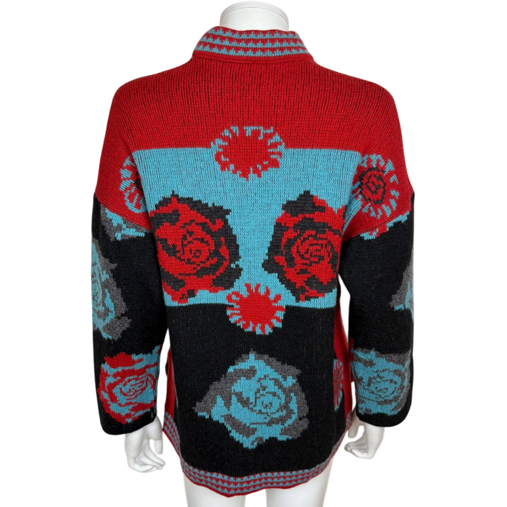 Vintage Chacok Sweater Graphic Rose Pattern Knit in Red & Turquoise Made in France 1980s
