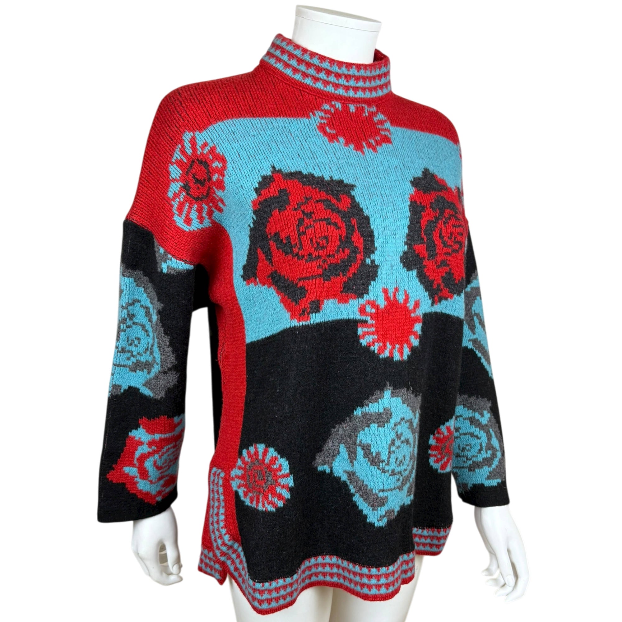 Vintage Chacok Sweater Graphic Rose Pattern Knit in Red & Turquoise Made in France 1980s