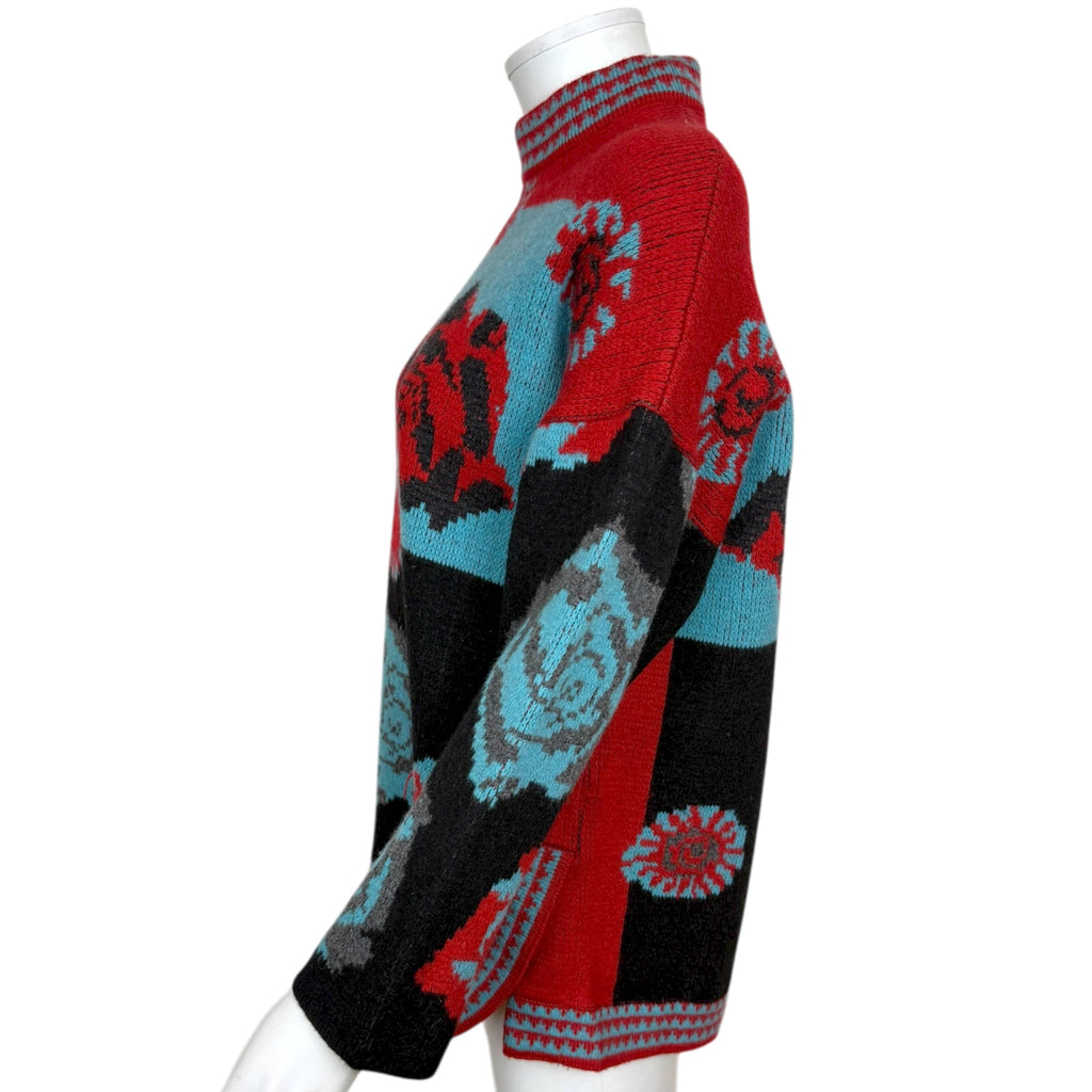 Vintage Chacok Sweater Graphic Rose Pattern Knit in Red & Turquoise Made in France 1980s