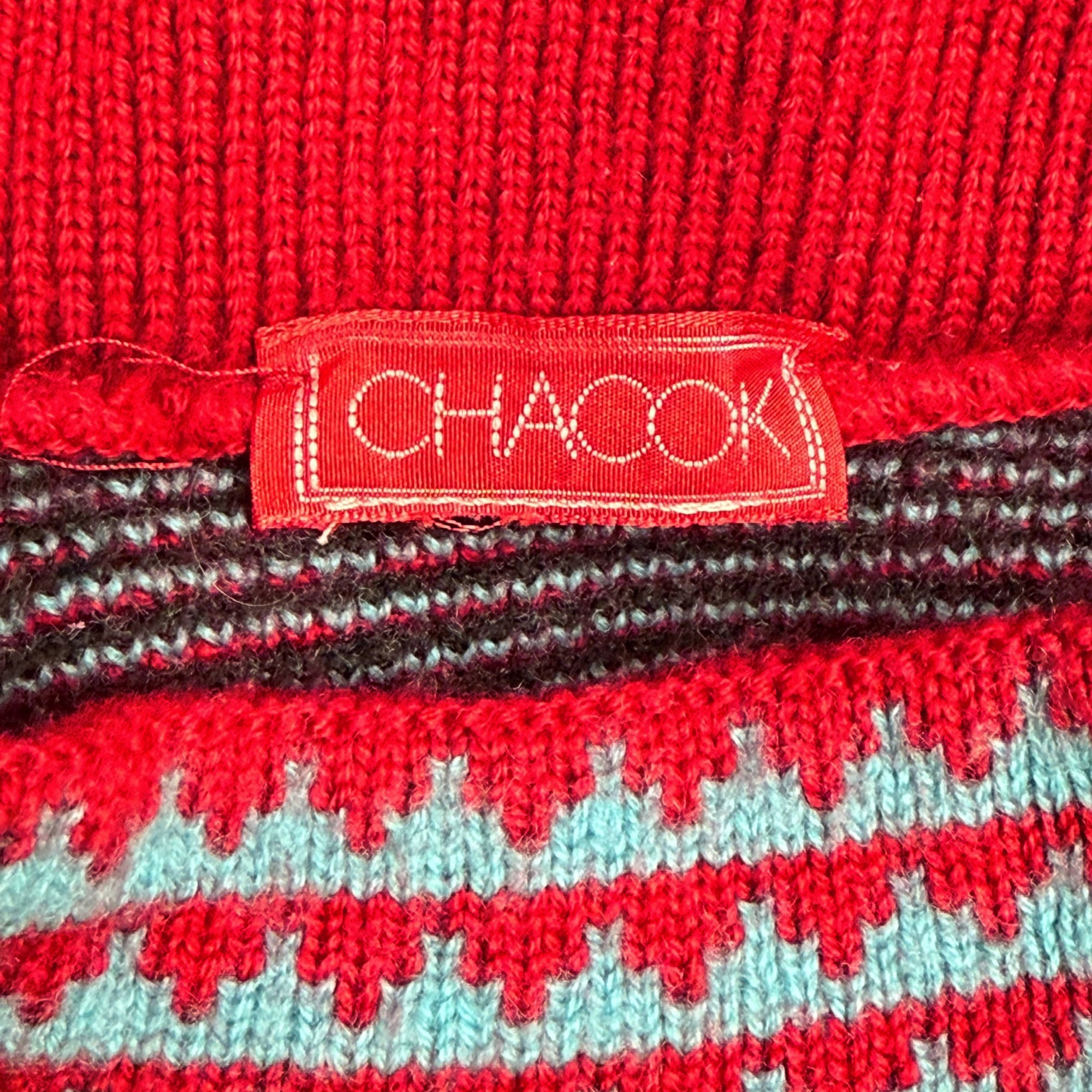 Vintage Chacok Sweater Graphic Rose Pattern Knit in Red & Turquoise Made in France 1980s