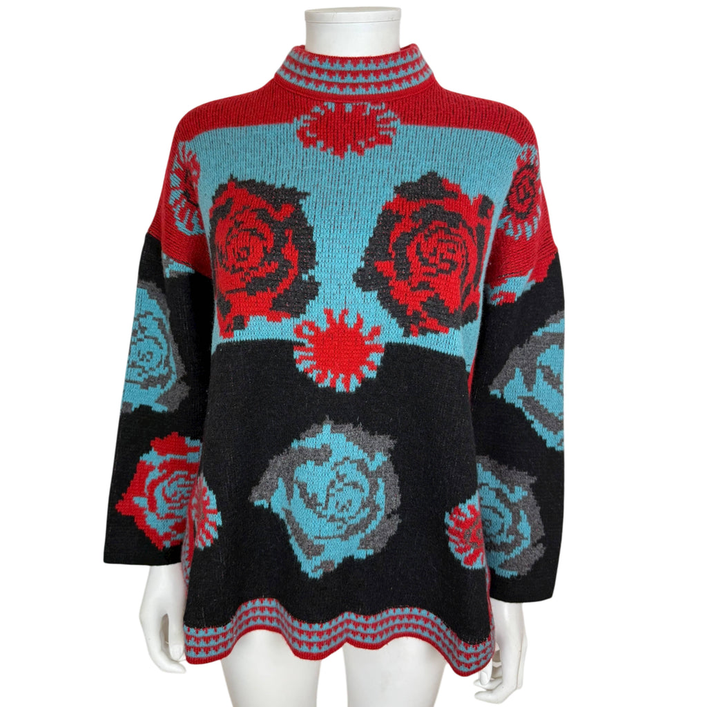 Vintage Chacok Sweater Graphic Rose Pattern Knit in Red & Turquoise Made in France 1980s