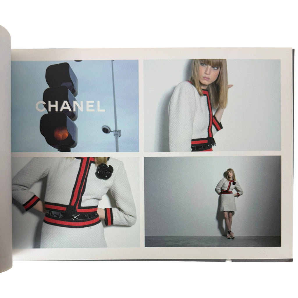 Chanel Fall Winter 2001 Karl Lagerfeld photography white suit with red and black trim