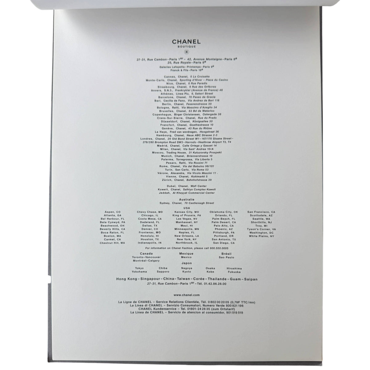 Chanel Storyboard 2001 international boutique list back page