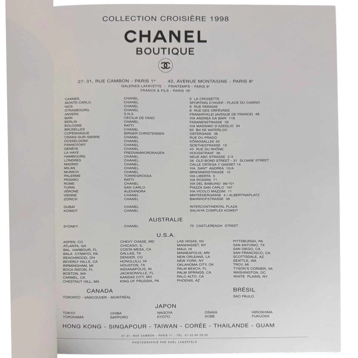 Chanel Boutique Collection Croisière 1998 international boutique list
