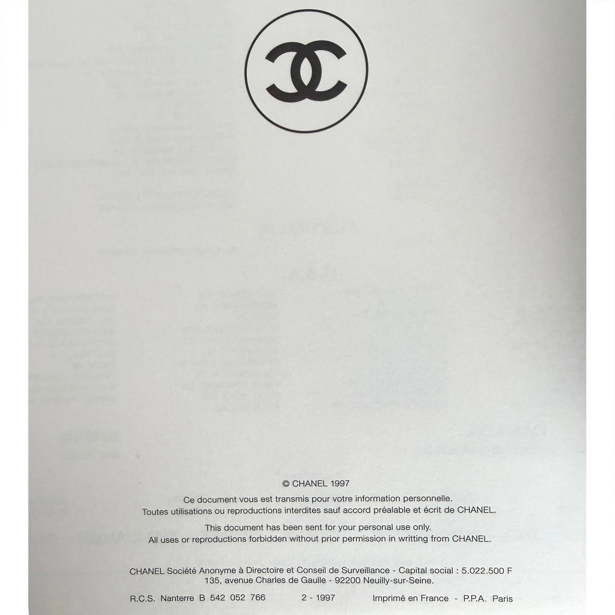 Chanel Boutique Collection Croisière 1998 lookbook copyright page 1997