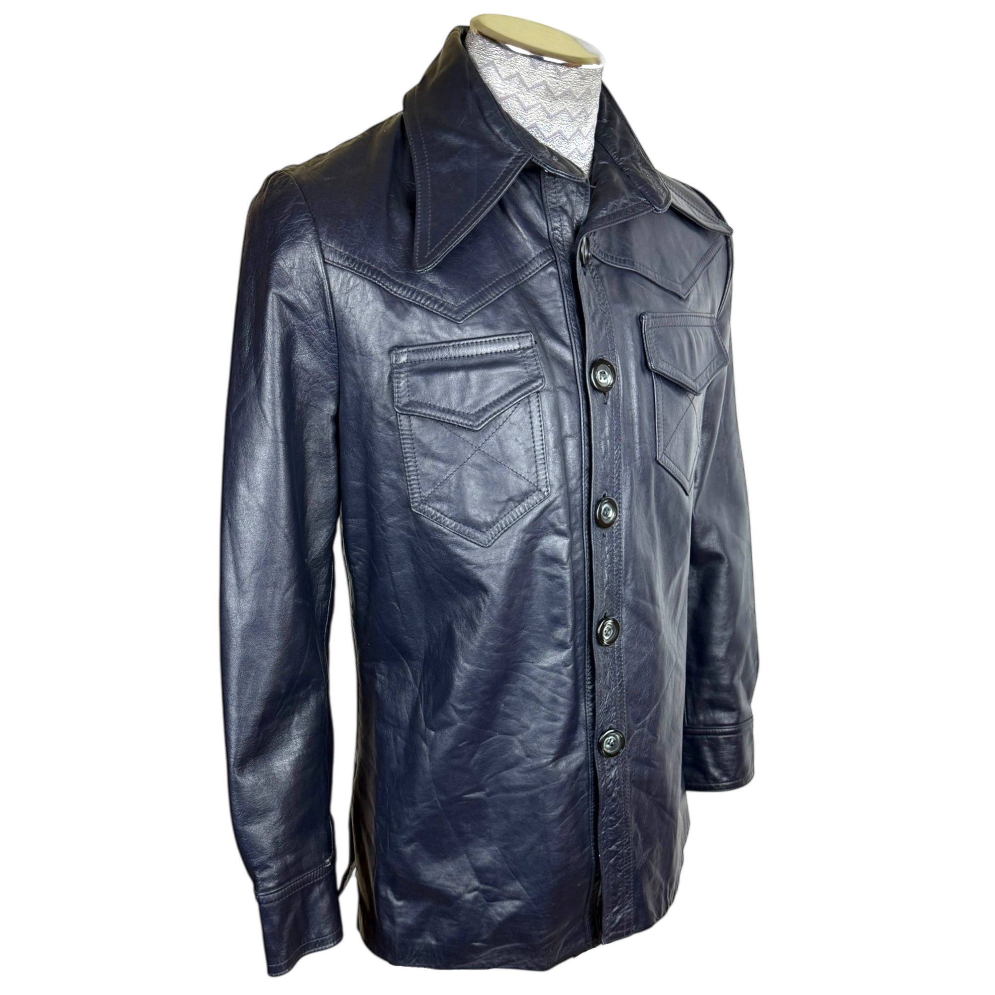 Vintage 1970s Blue Leather Jacket Disco Era Men’s Size Small