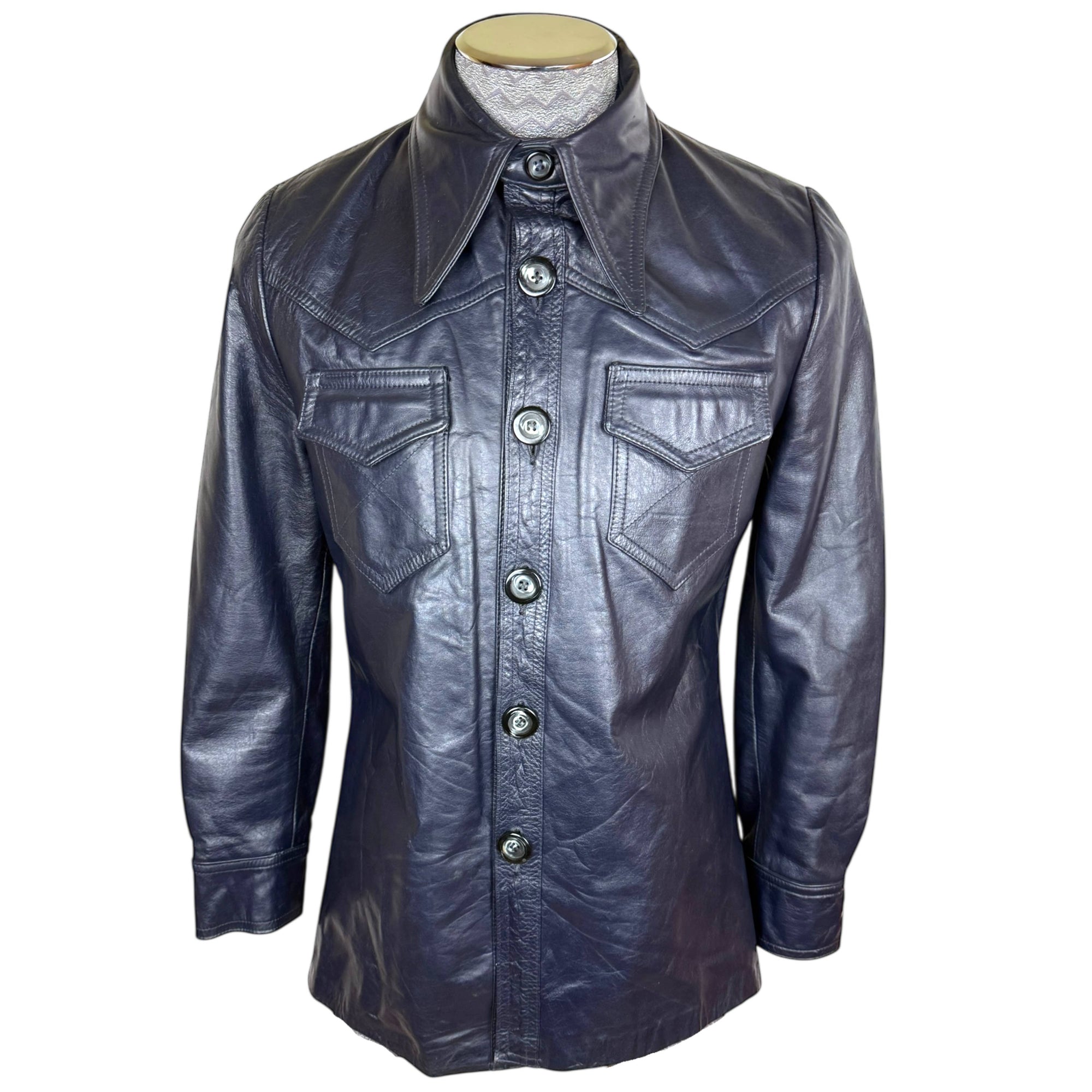 Vintage 1970s Blue Leather Jacket Disco Era Men’s Size Small