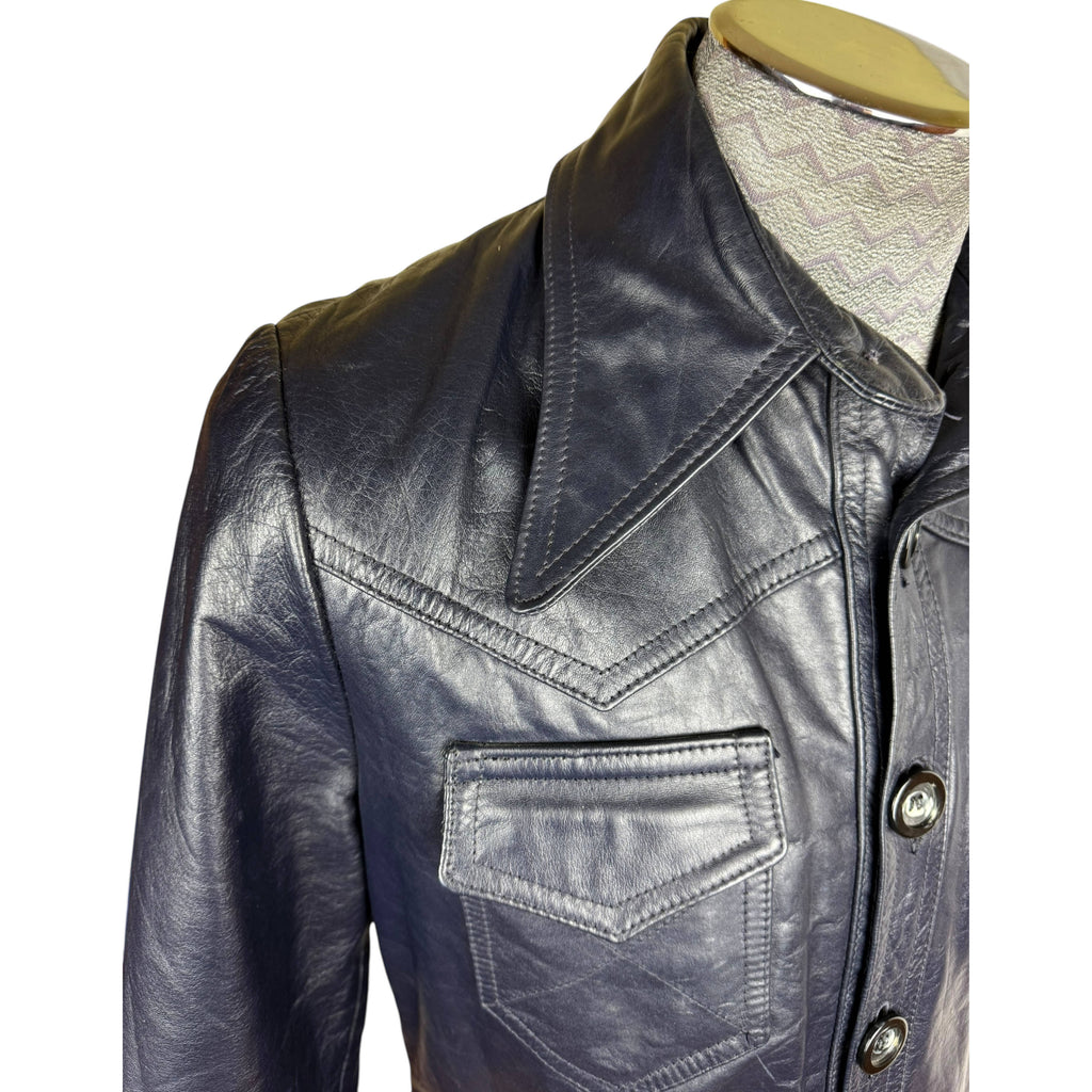 Vintage 1970s Blue Leather Jacket Disco Era Men’s Size Small