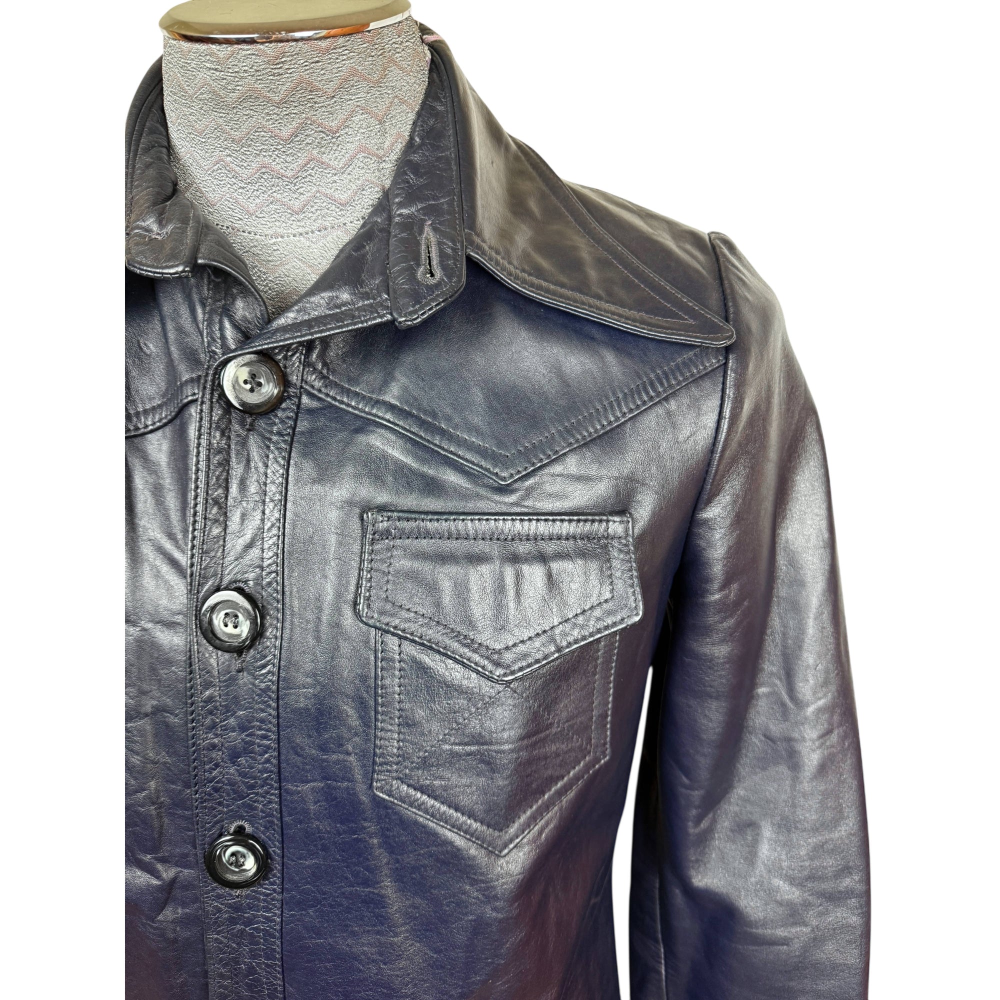 Vintage 1970s Blue Leather Jacket Disco Era Men’s Size Small