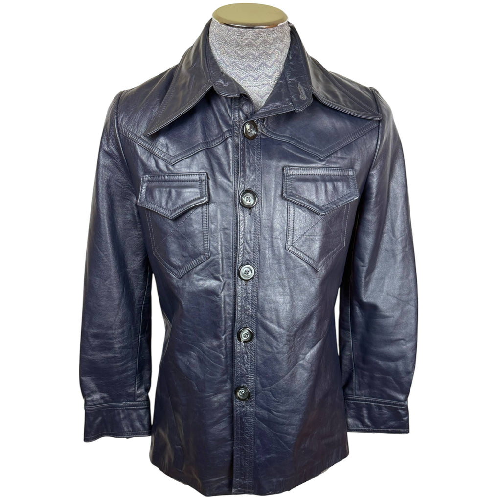 Vintage 1970s Blue Leather Jacket Disco Era Men’s Size Small