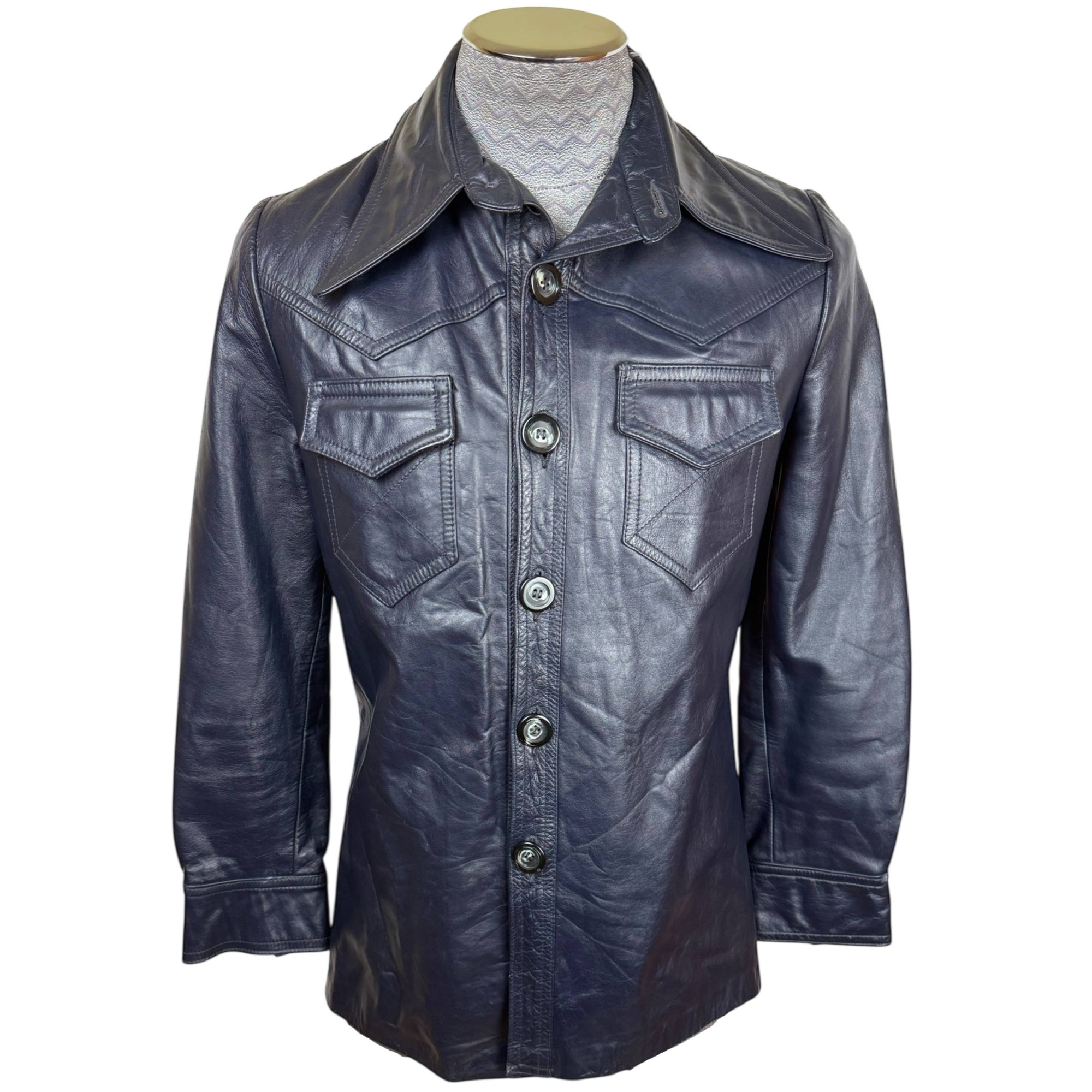 Vintage 1970s Blue Leather Jacket Disco Era Men’s Size Small