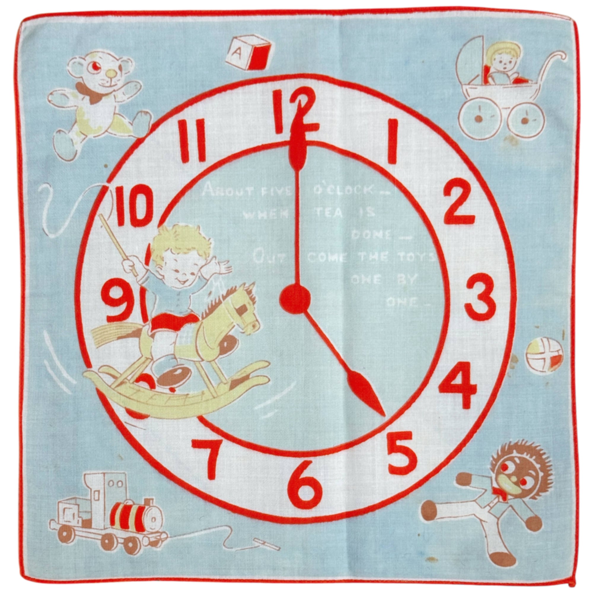 1950s Vintage Child’s Handkerchief Clock Nursery Rhyme Toy Design Hankie