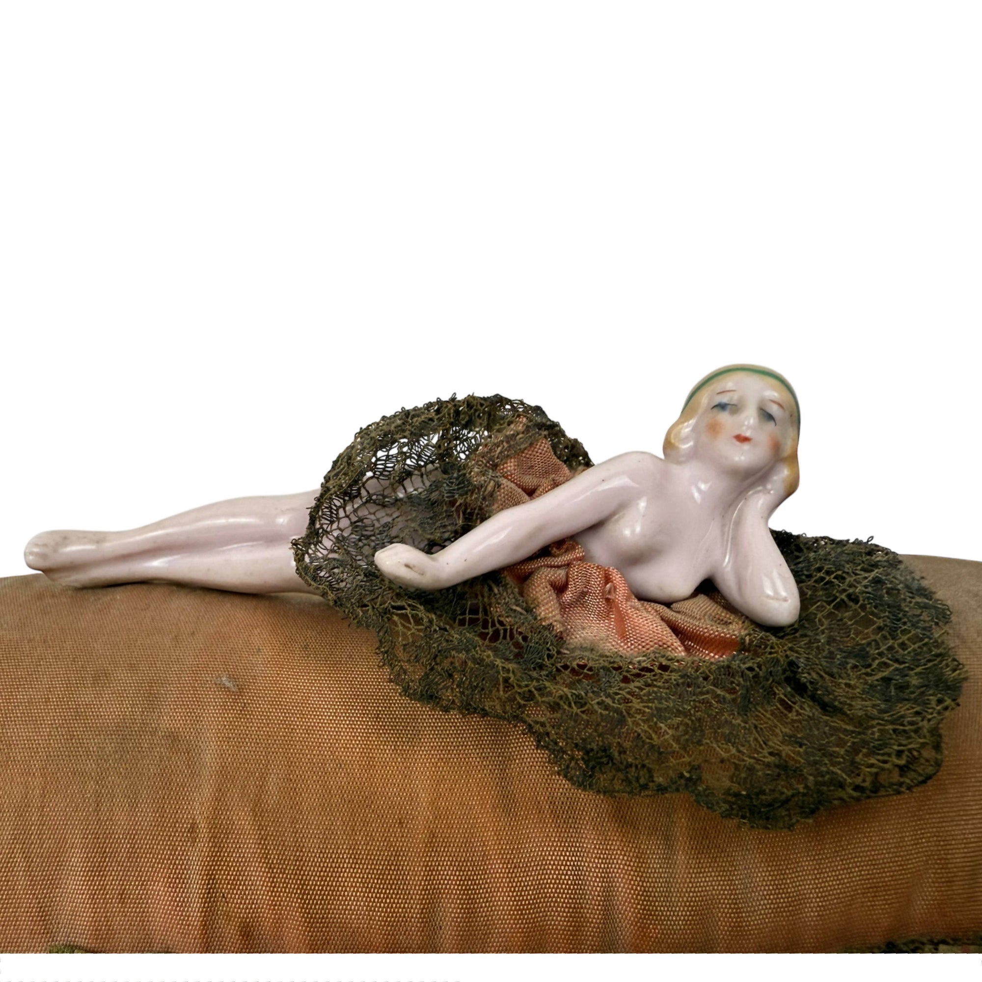Antique 1920s Porcelain Pincushion Doll Nude Flapper Figure
