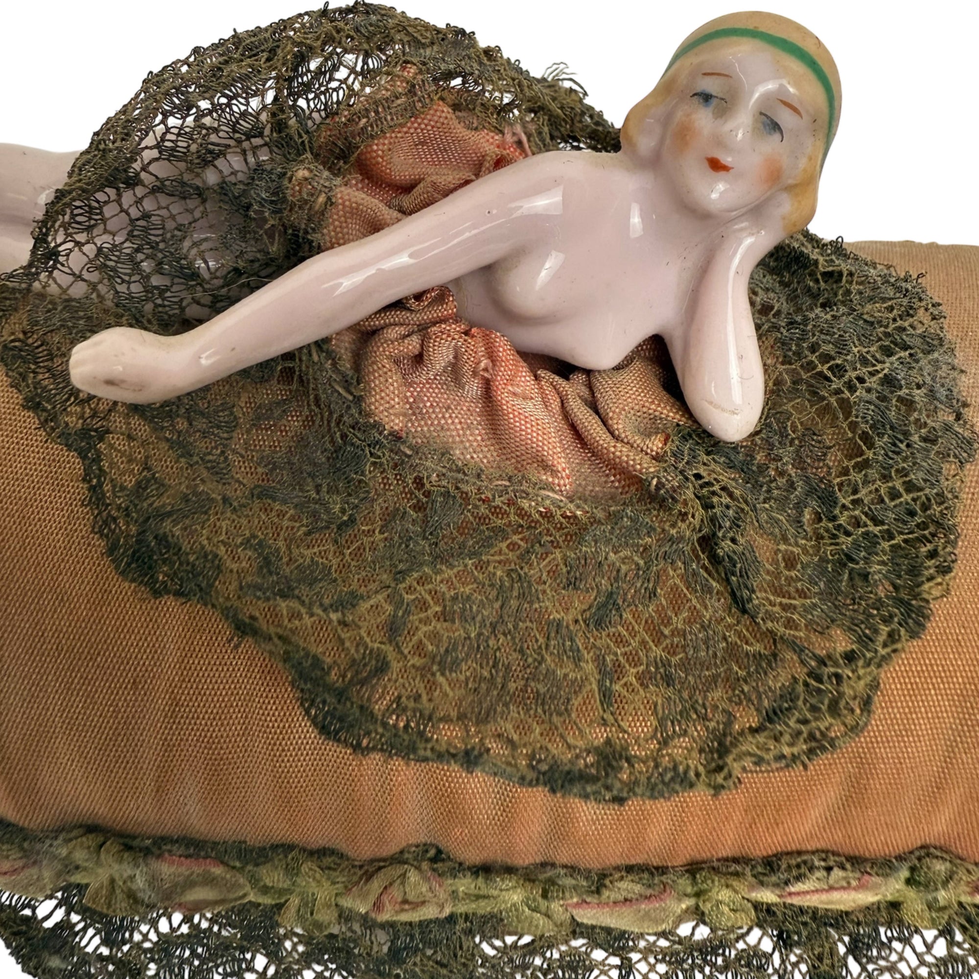 Antique 1920s Porcelain Pincushion Doll Nude Flapper Figure