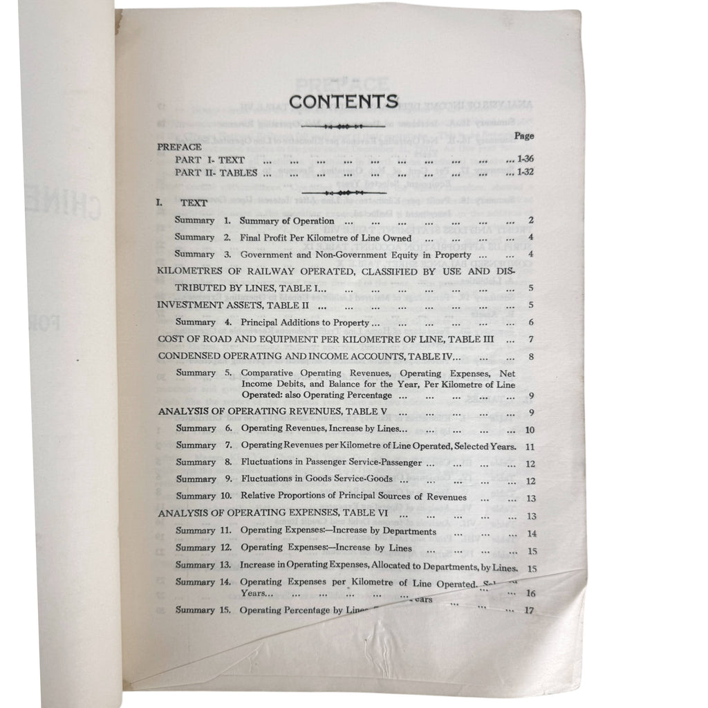 Contents page showing text and statistical tables of chinese national railways report