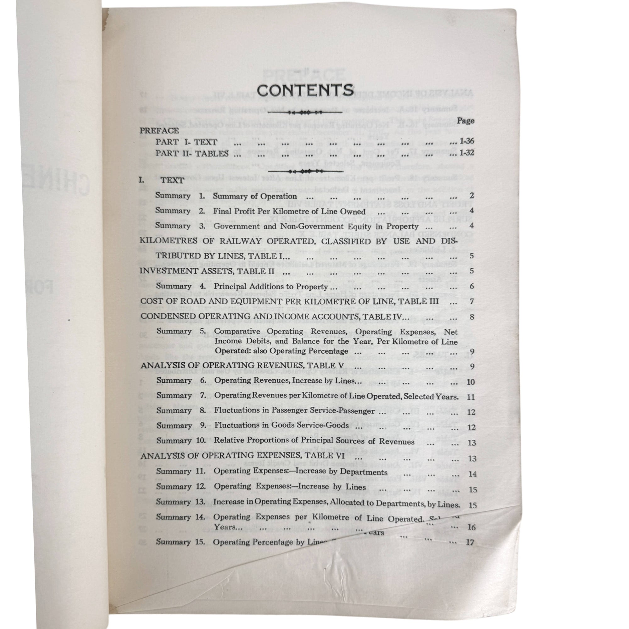 Contents page showing text and statistical tables of chinese national railways report