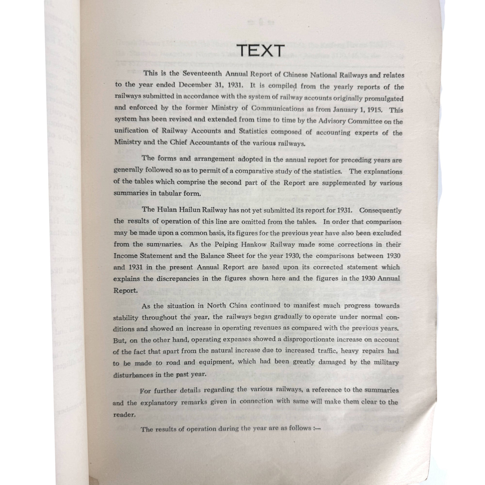 Opening text discussing 1931 railway operations in China