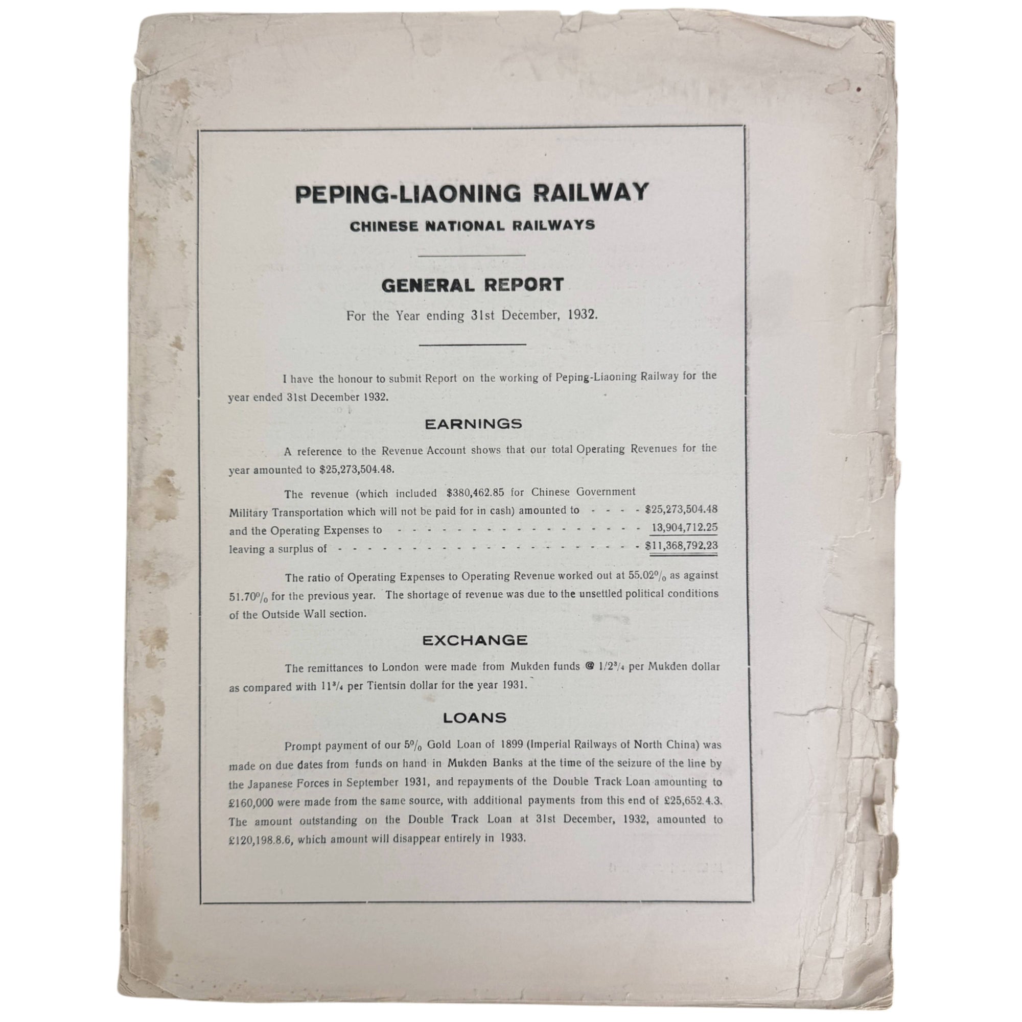 Chinese National Railways bilingual annual report 1932 for the Peping Liaoning Railway title page
