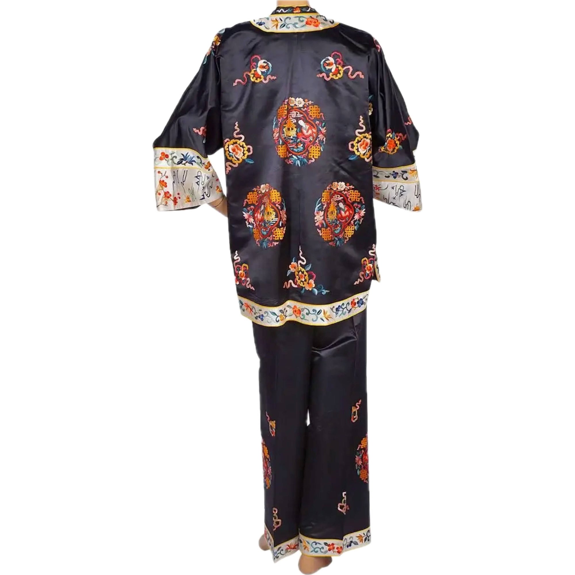 Vintage 1930s Chinese Embroidered Silk Pyjamas Size M / L