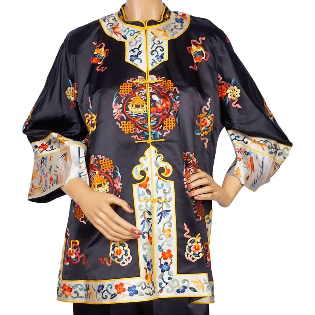 Vintage 1930s Chinese Embroidered Silk Pyjamas Size M / L