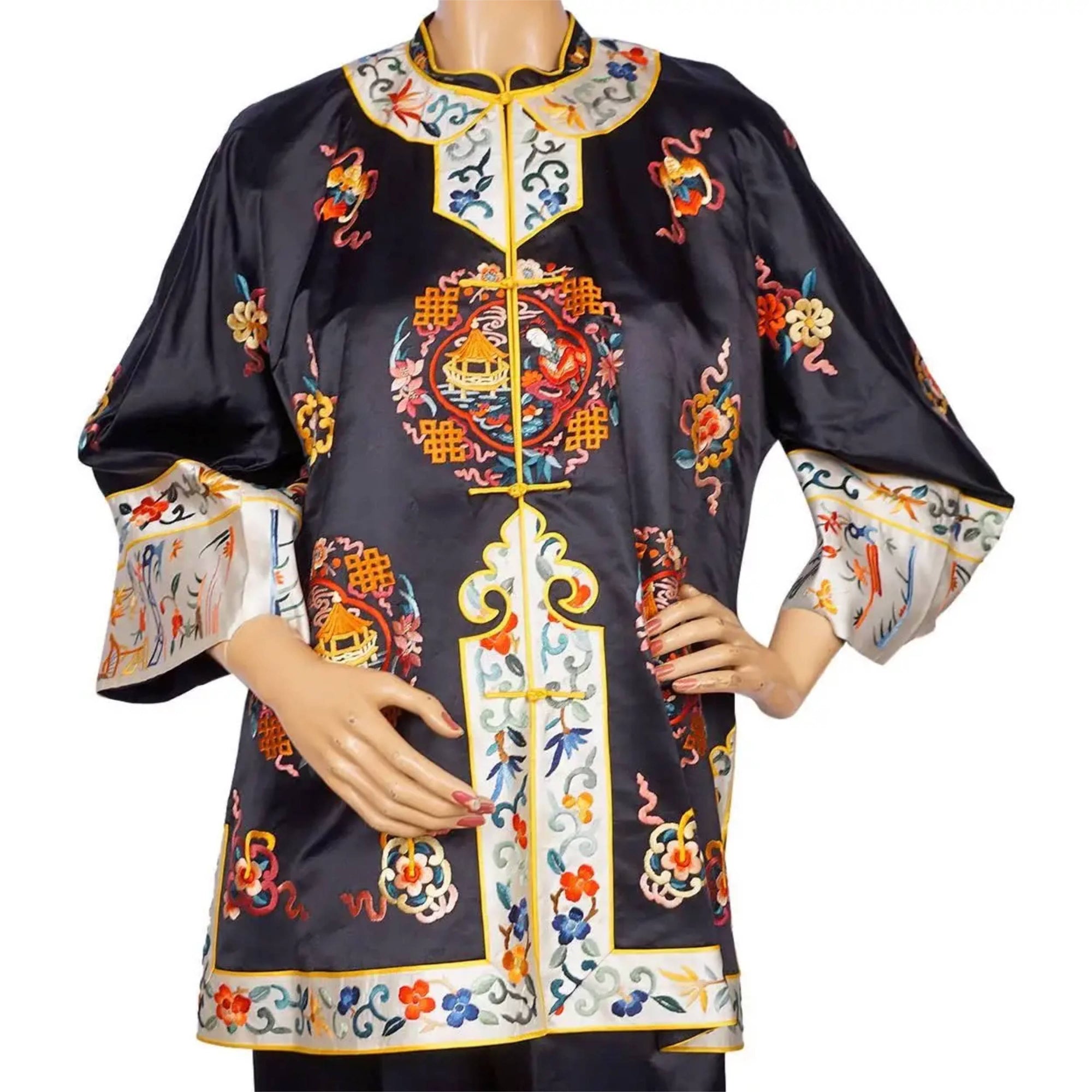 Vintage 1930s Chinese Embroidered Silk Pyjamas Size M / L