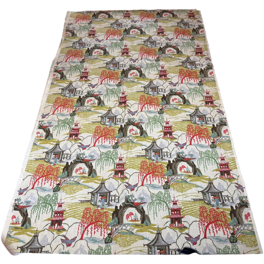 Vintage 1950s Chinoiserie Fabric Cotton Linen 196" L x 57” W