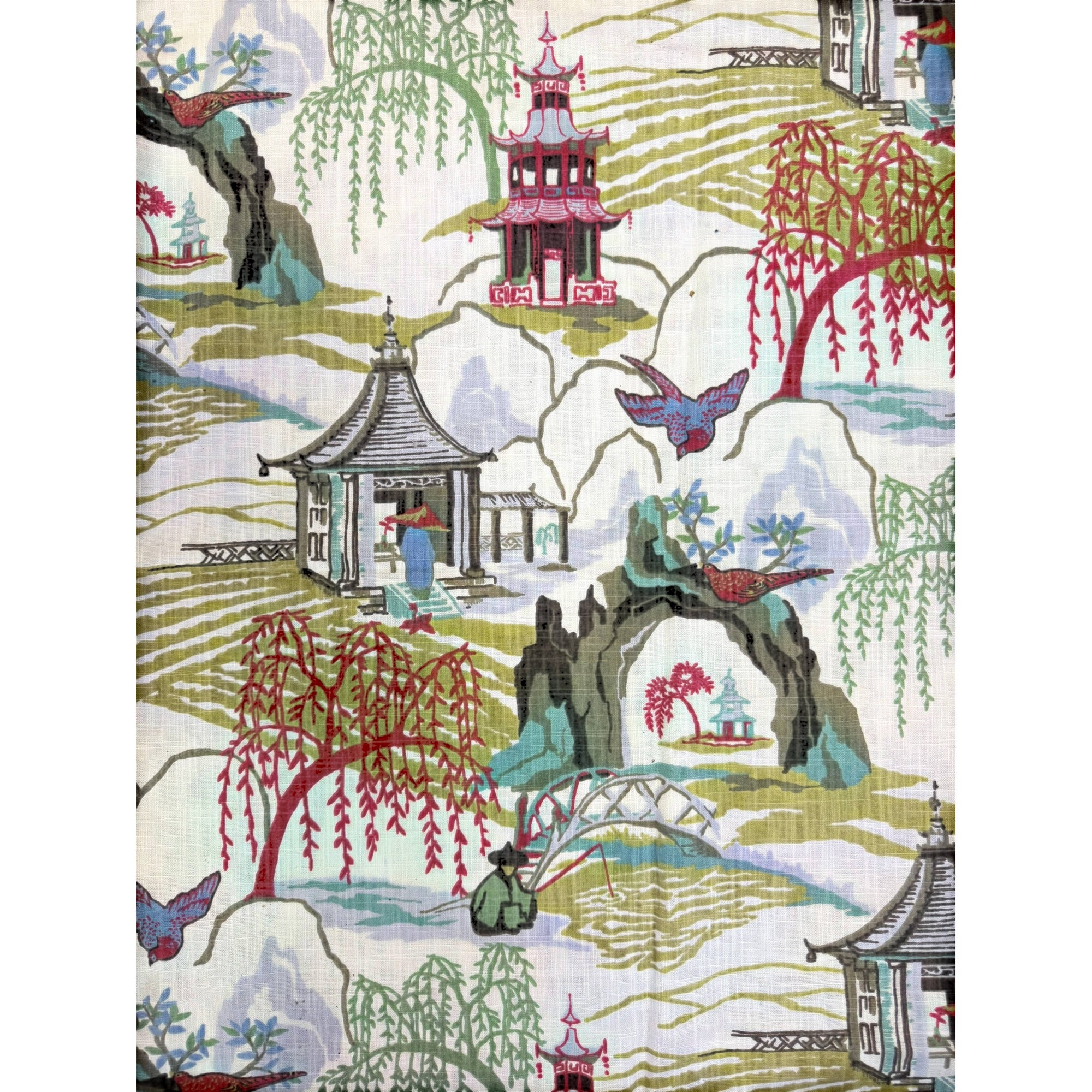 Vintage 1950s Chinoiserie Fabric Cotton Linen 196" L x 57” W