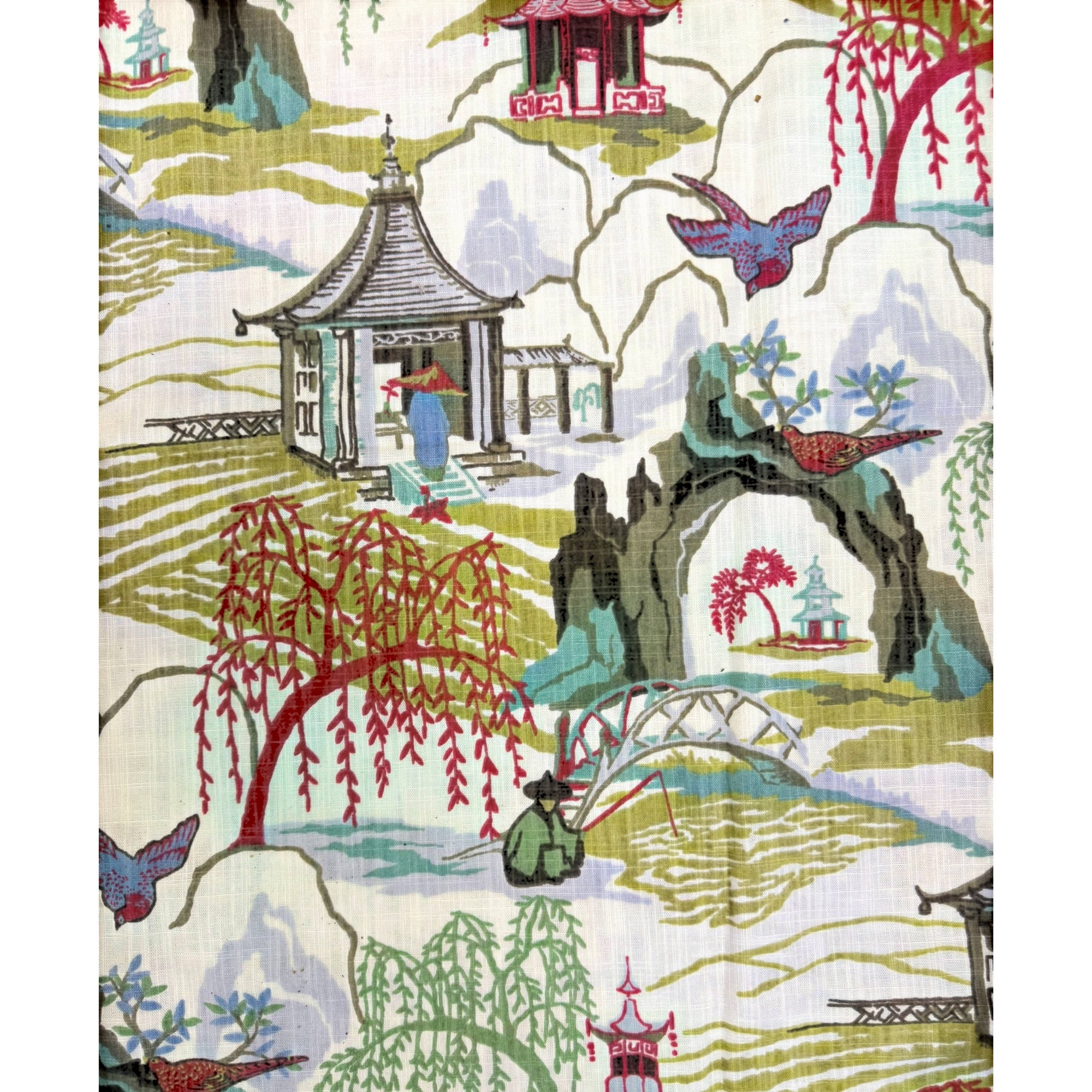 Vintage 1950s Chinoiserie Fabric Cotton Linen 196" L x 57” W