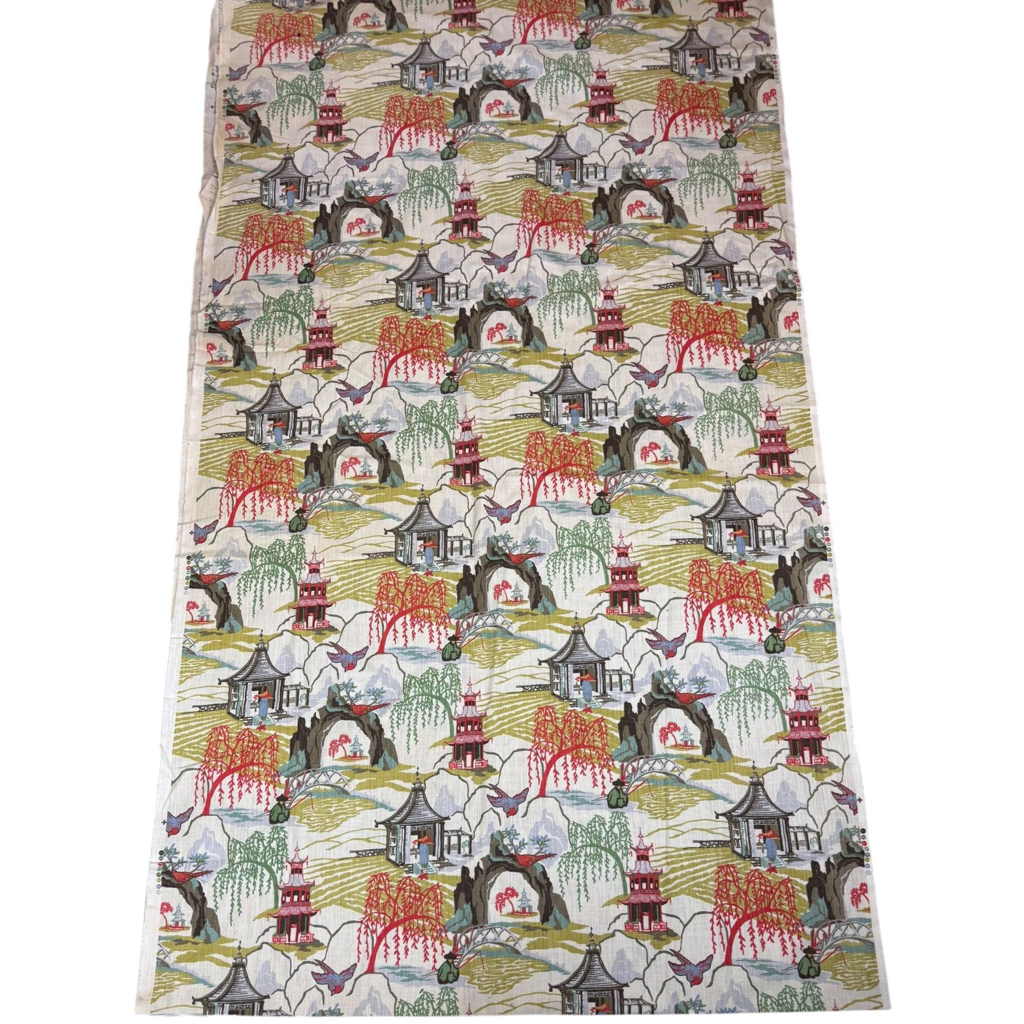 Vintage 1950s Chinoiserie Fabric Cotton Linen 196" L x 57” W