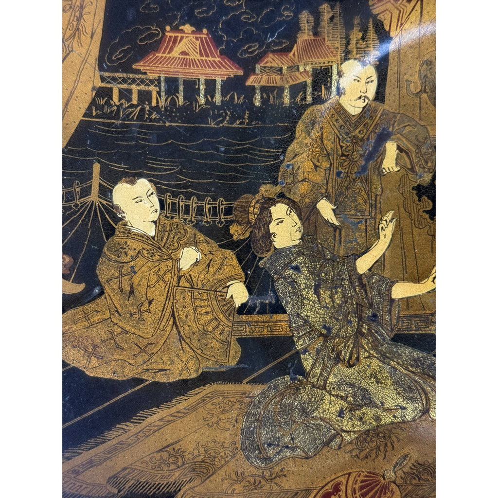 Victorian Chinoiserie Papier-Mâché Pedestal Plate Antique Lacquer c. 1860–1880