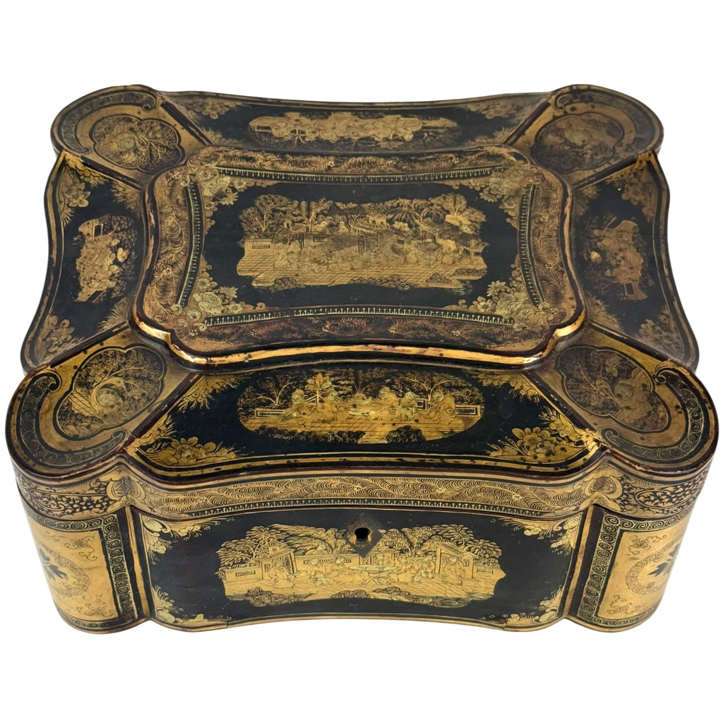 Qing dynasty lacquer tea caddy with gilt figural scene