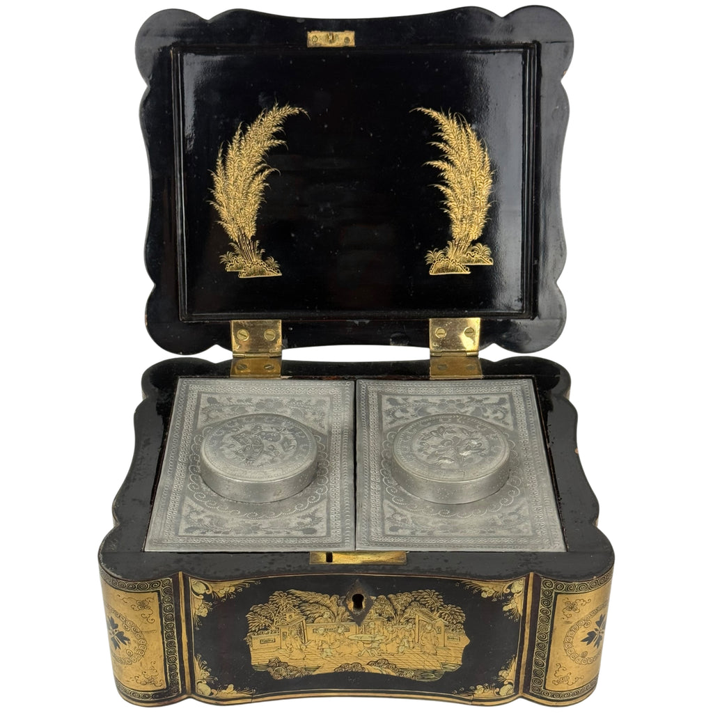 Antique tea caddy with two engraved metal canisters