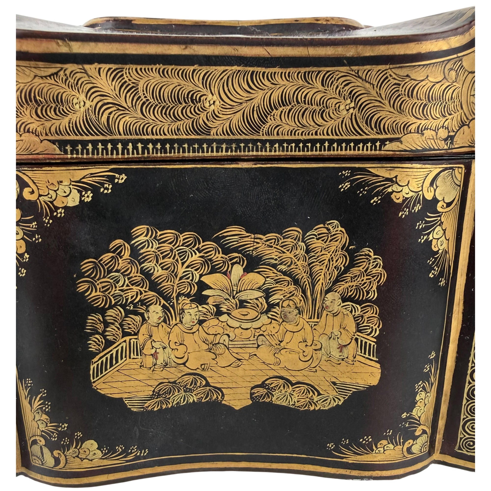 scene on antique chinese export tea caddy