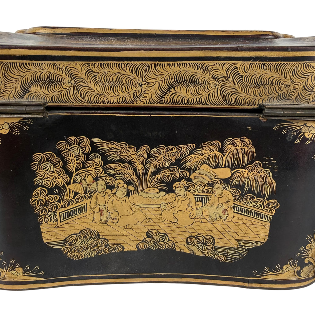 Black lacquer tea caddy with Chinese patio decoration