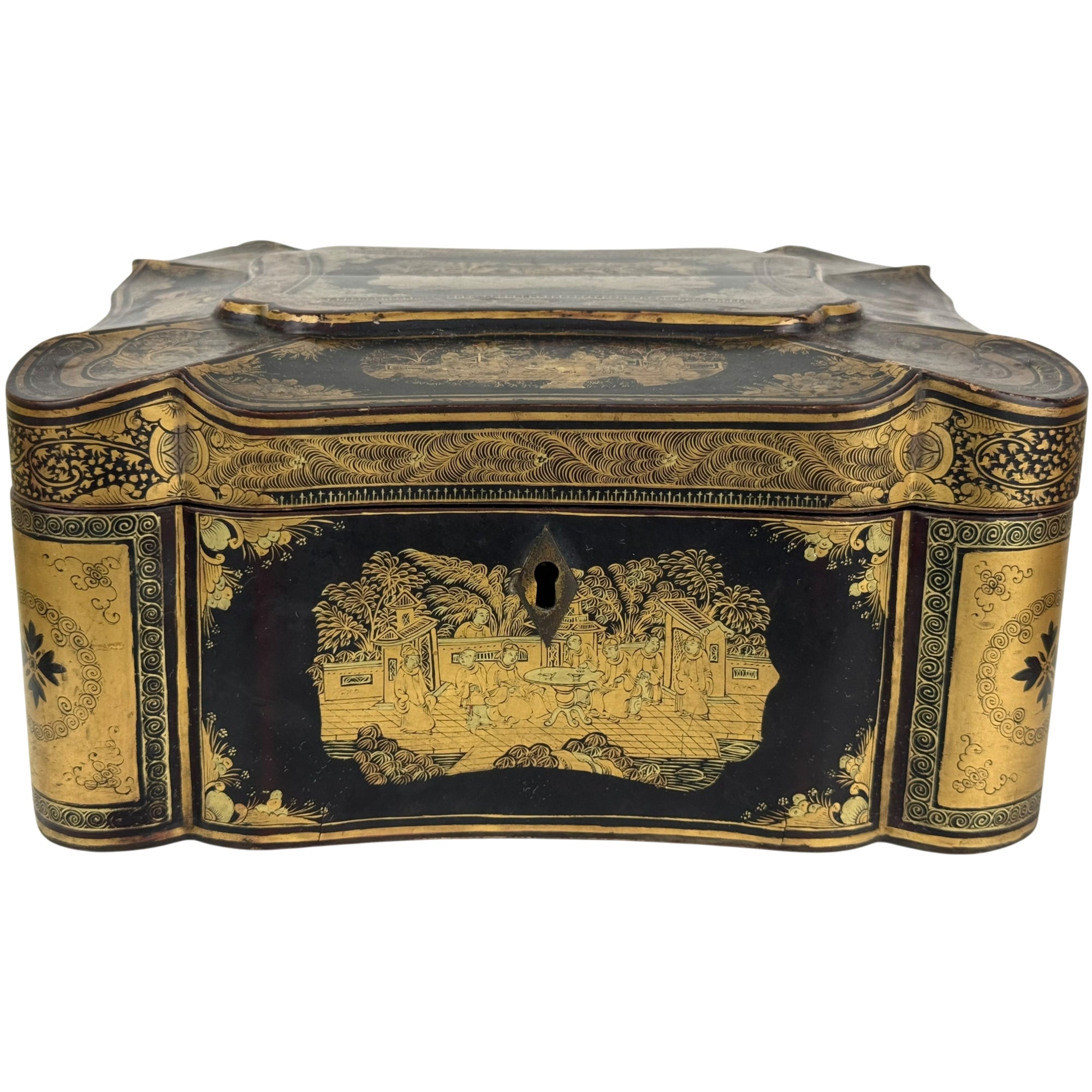 Antique Chinese Export black and gilt lacquer tea caddy circa 1820