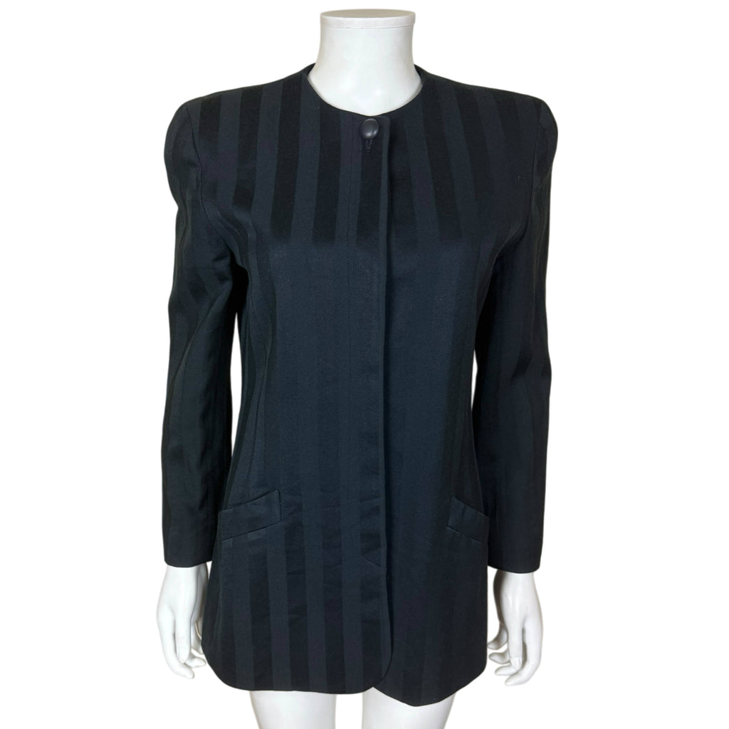 Vintage Christian Dior The Suit deep blue-black shadow stripe wool blazer with padded shoulders and collarless neckline, front view