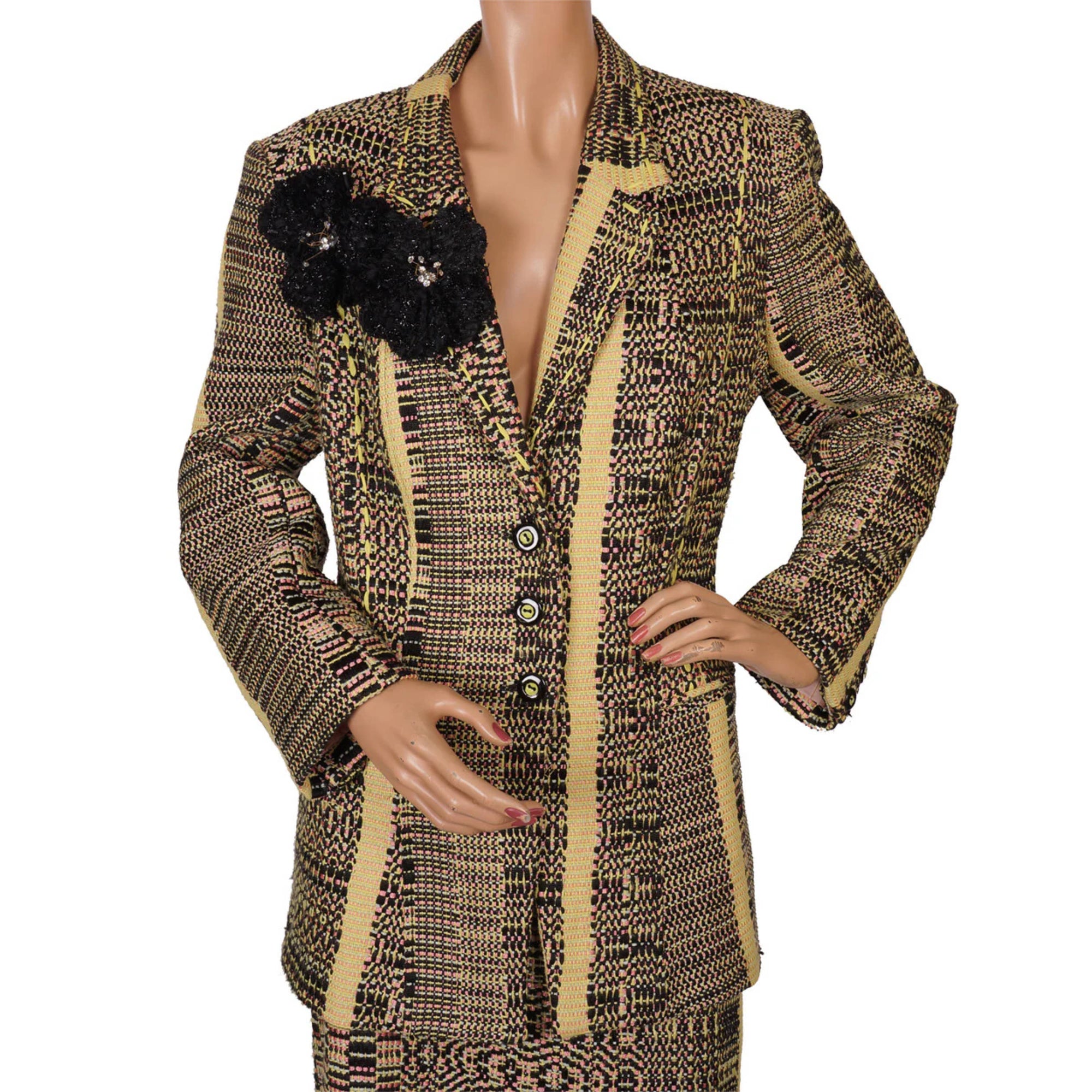 Vintage 1990s Christian Lacroix Suit Yellow, Pink & Black Woven Fabric
