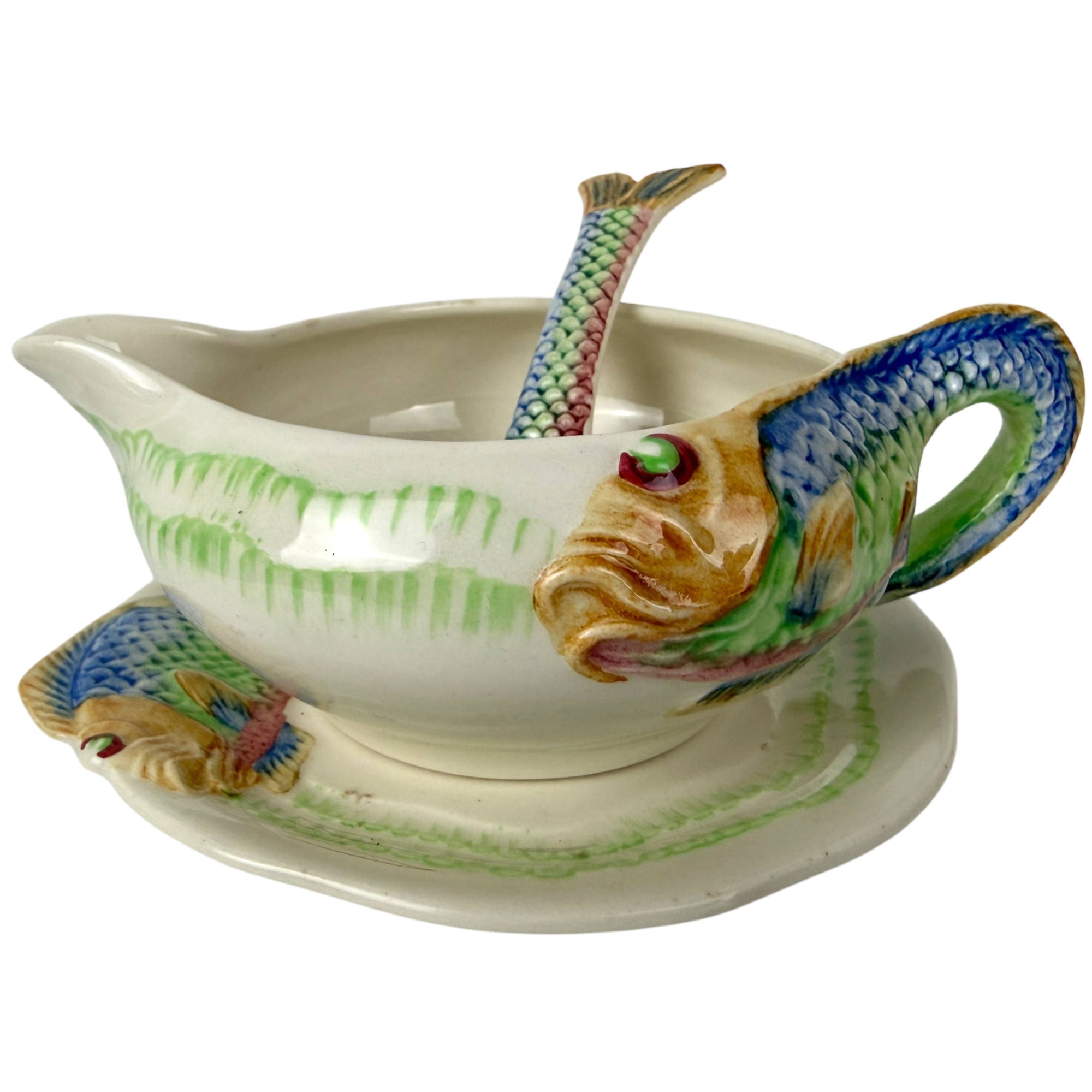 Clarice Cliff carp fish sauce boat with matching underplate and spoon