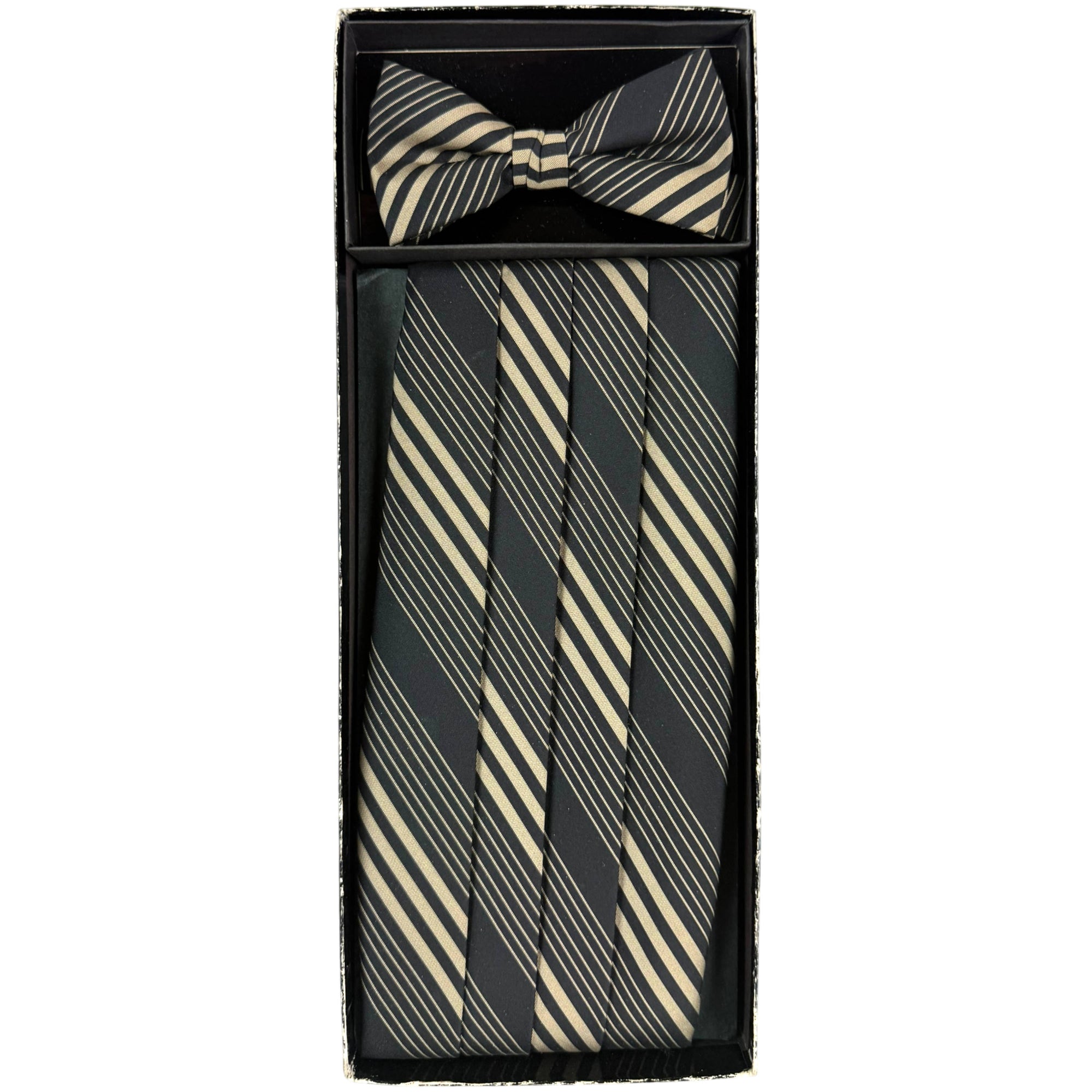 A men's formal accessory set including a striped bow tie and matching striped tie, presented in a black gift box against a white background.
