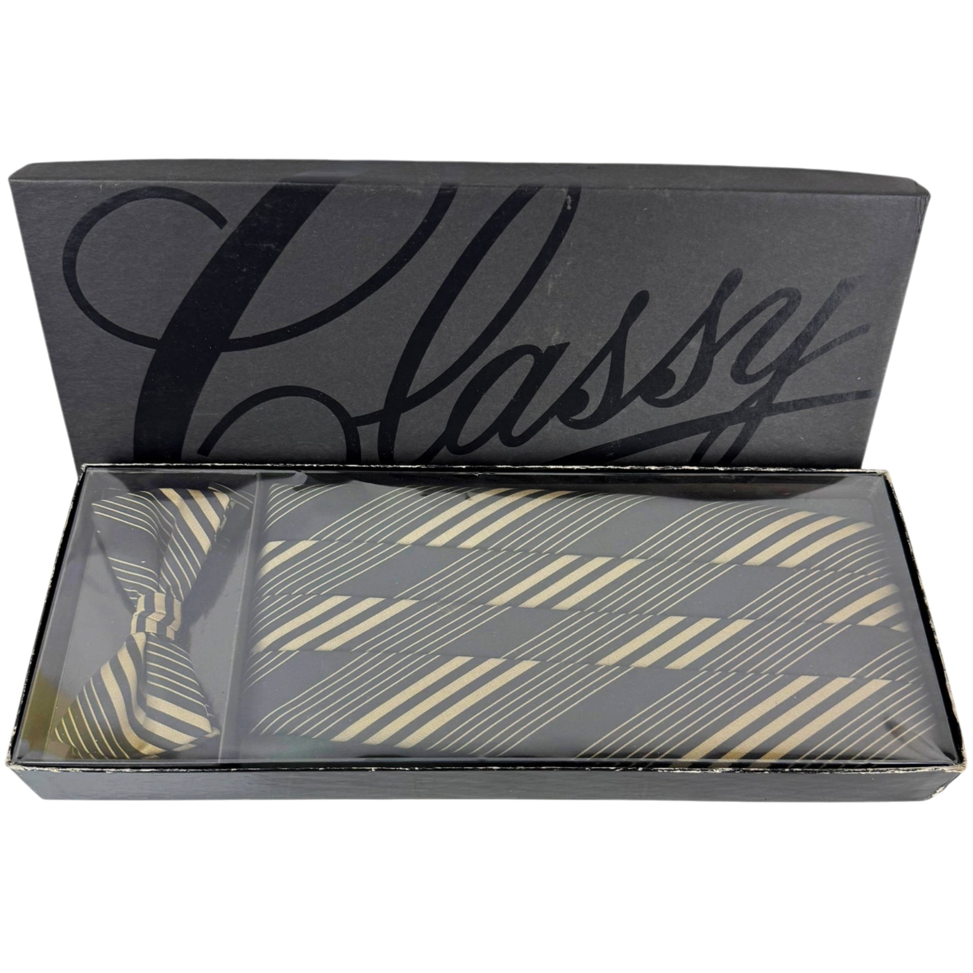 Vintage Classy Cummerbund Bow Tie Set Black Gold Striped Formalwear Tuxedo Accessories Original Box