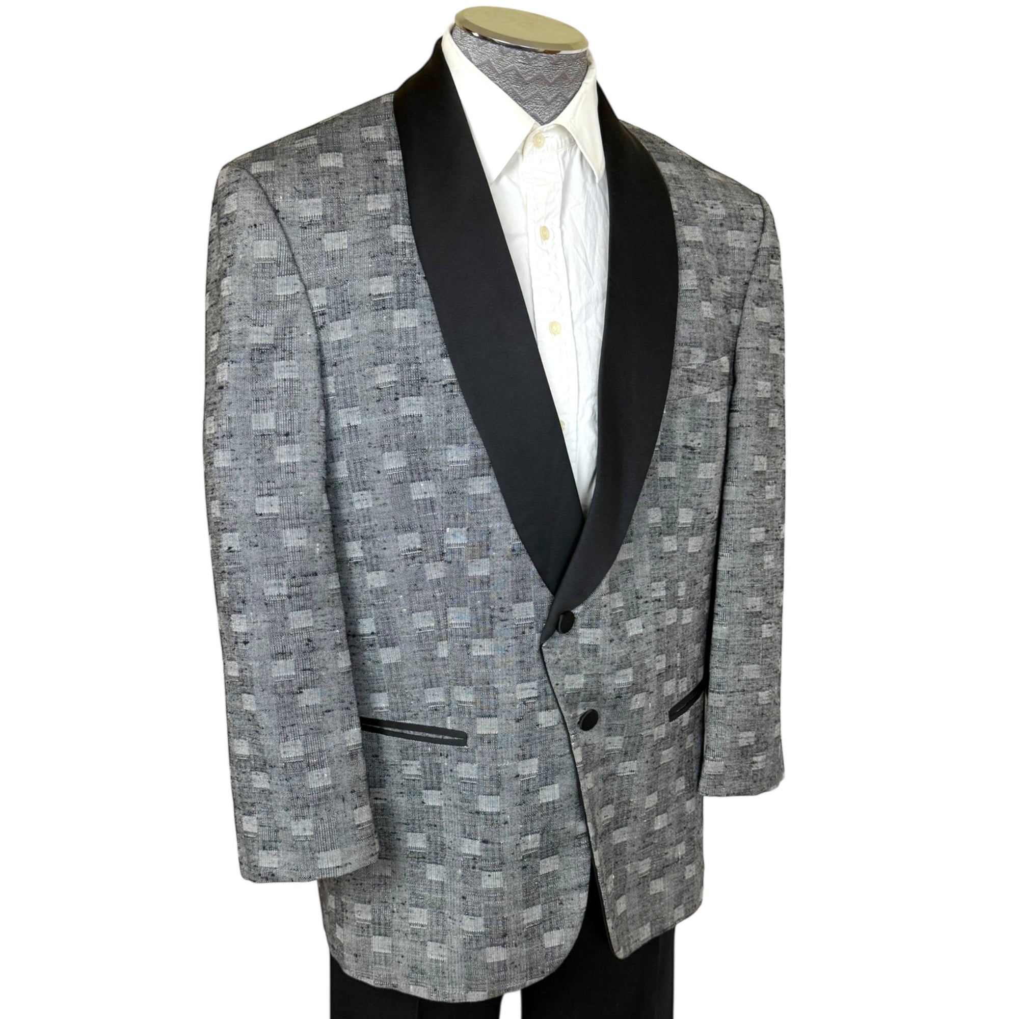 Vintage 1980s Dinner Jacket Silver Grey Block Pattern Size L